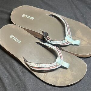 Teva Women's Brown Sandal Flip-Flops with Light Blue and Multicolor Straps